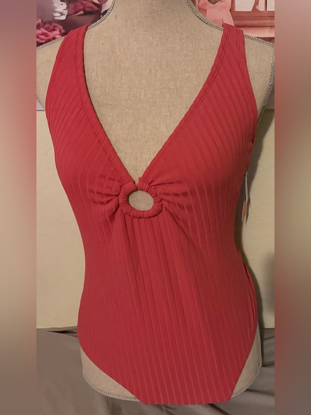 Kona Sol Red Ribbed V-Neck Bodysuit with Ring Detail